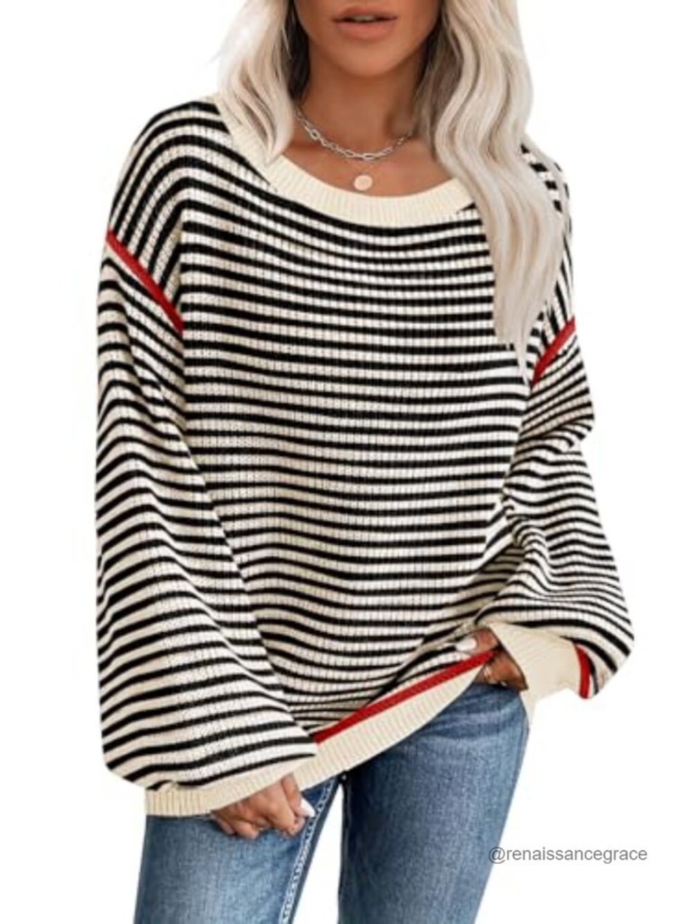 Oversized Striped Crew Neck Pullover Sweater Viscose Blend